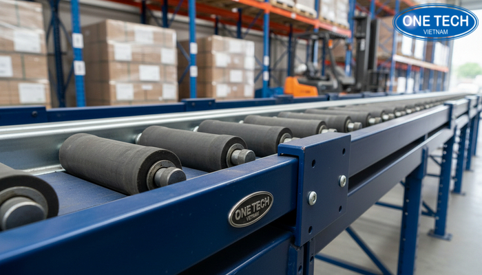 Cận cảnh ray trượt và cụm con lăn hoặc xe trượt của kệ đẩy lùi