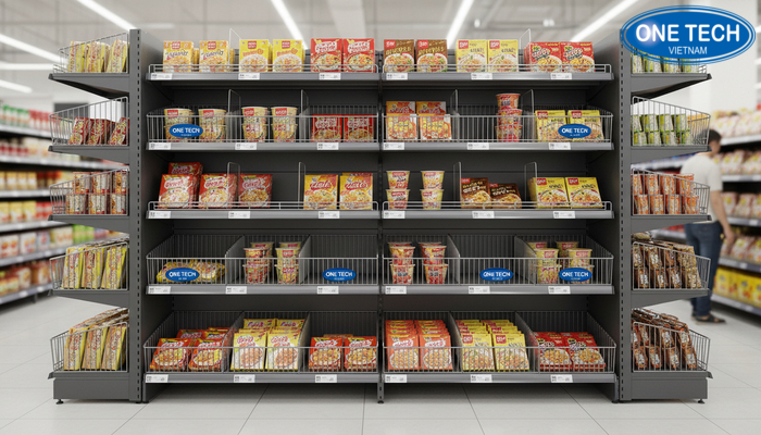 Minh họa lựa chọn phụ kiện giá kệ trưng bày mì để tăng linh hoạt