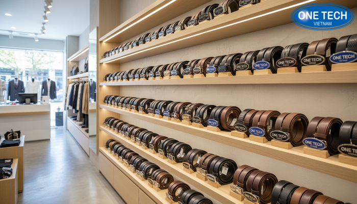 Bố trí kệ trưng bày thắt lưng khoa học Cửa hàng bố trí kệ thắt lưng gọn gàng, dễ nhìn, dễ chọn