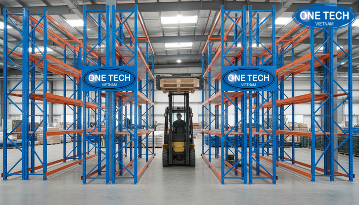 Minh họa đặt pallet đúng vị trí trên ray của kệ drive in