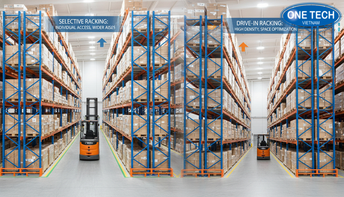 Đồ họa so sánh sức chứa kho giữa kệ drive in và kệ selective