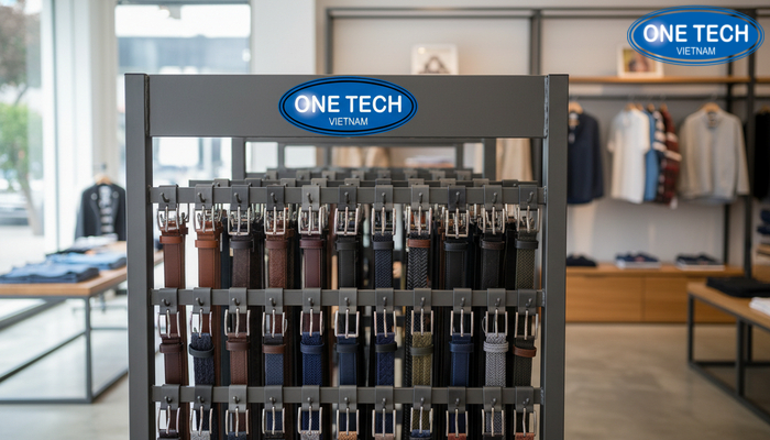 Khoảng cách móc treo kệ trưng bày thắt lưng Minh họa khoảng cách móc treo giúp thắt lưng không cọ xát và dễ lấy