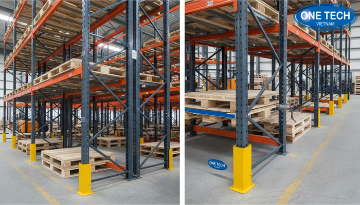 Đối chiếu chi tiết phụ kiện an toàn và hoàn thiện của kệ Push Back trong triển khai thực tế