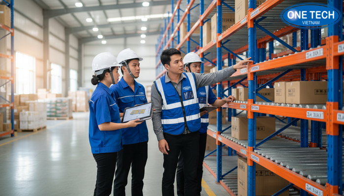 Đội ngũ kỹ thuật tư vấn giải pháp kệ con lăn tại hiện trường kho