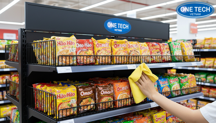 Hướng dẫn lau chùi kệ rổ mì bằng khăn mềm để tránh trầy xước