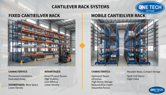 Infographic thuật ngữ Cantilever Rack, kệ tay đỡ cố định và kệ tay đỡ di động