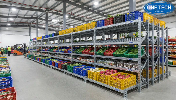 Kệ con lăn lưu trữ thùng nông sản trong kho