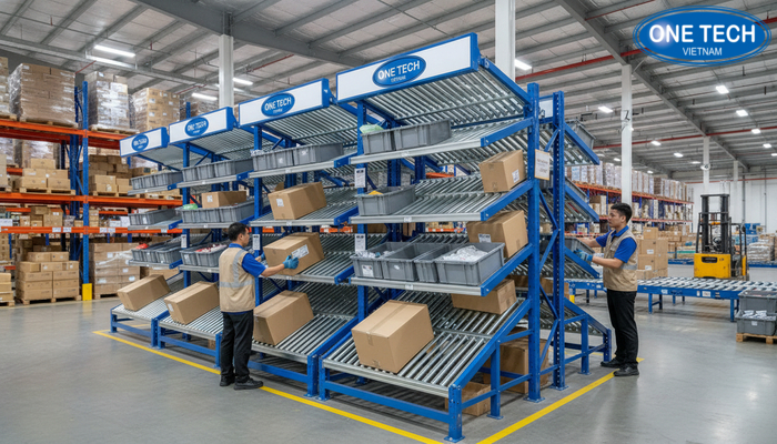 Kệ con lăn trong khu soạn hàng của kho phân phối