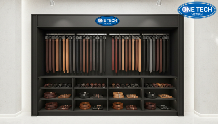 Kệ trưng bày thắt lưng đa năng có móc treo và ngăn để Kệ đa năng có móc treo và ngăn để giúp phân loại thắt lưng theo màu và kích cỡ