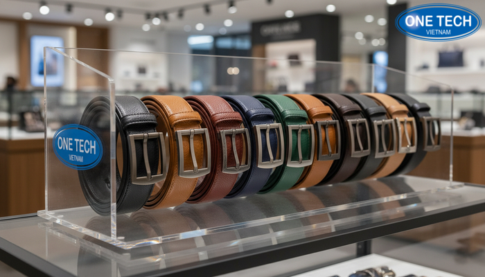 Thiết kế kệ trưng bày thắt lưng mica có logo Kệ mica có chi tiết logo gia công giúp tăng nhận diện thương hiệu quầy thắt lưng