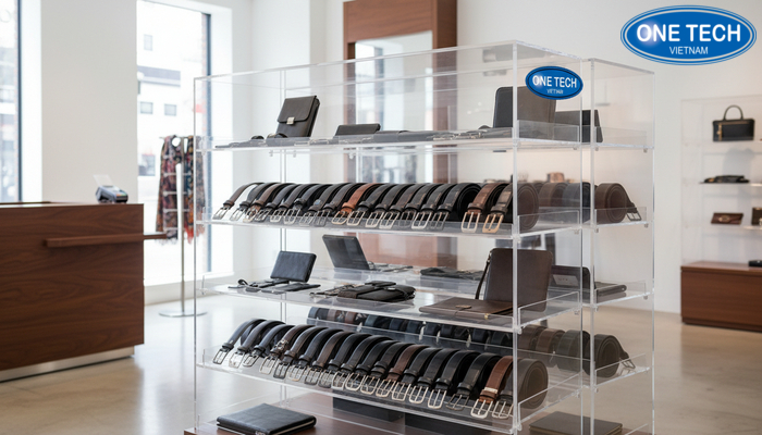 Kệ trưng bày thắt lưng OneTech tại Đồng Tháp Các mẫu kệ mica OneTech dùng trưng bày thắt lưng và phụ kiện thời trang