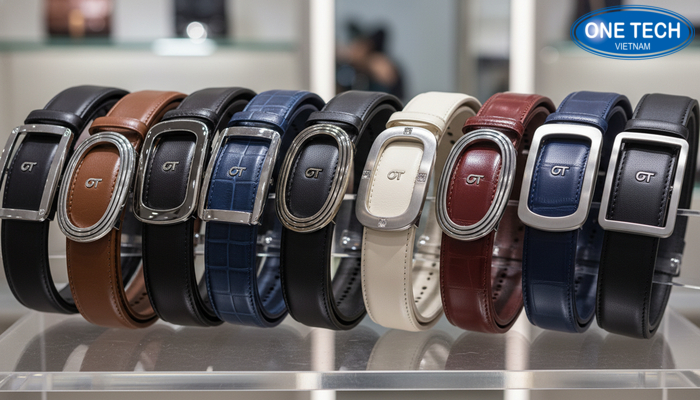 Kệ trưng bày thắt lưng mica trong suốt Kệ trưng bày dây nịt mica trong suốt làm nổi bật mặt khóa và chất liệu