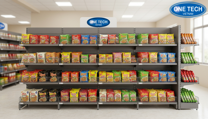 Mẫu kệ rổ mì 1 mặt đặt sát tường trong cửa hàng tại Đồng Tháp