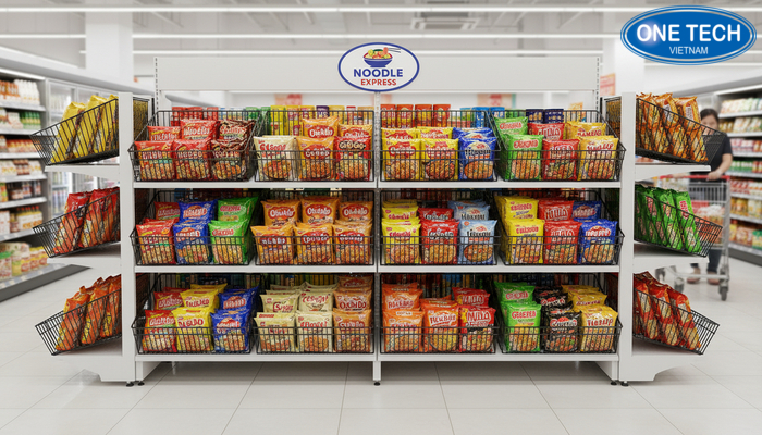Mẫu kệ rổ mì 2 mặt trưng bày giữa lối đi siêu thị