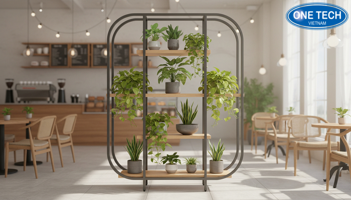 Kệ trưng bày cây cảnh kết hợp decor Kệ trưng bày cây cảnh kết hợp decor nội thất tạo điểm nhấn tinh tế