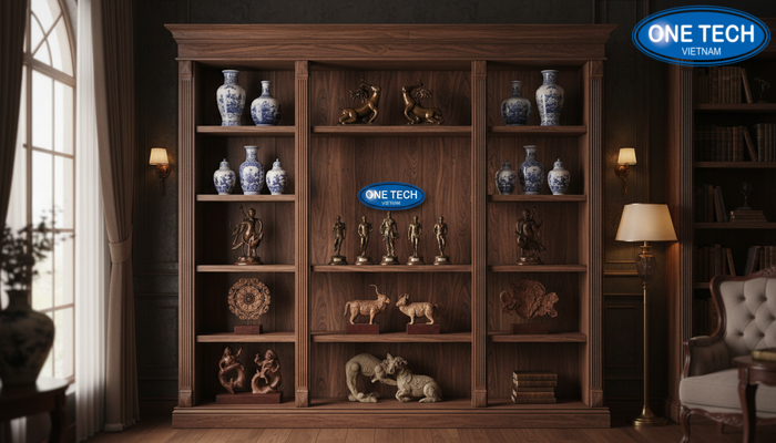 Kệ trưng bày đồ cổ gỗ giả cổ cho không gian trang trọng Kệ trưng bày đồ cổ gỗ giả cổ trong phòng trưng bày ấm cúng và trang trọng