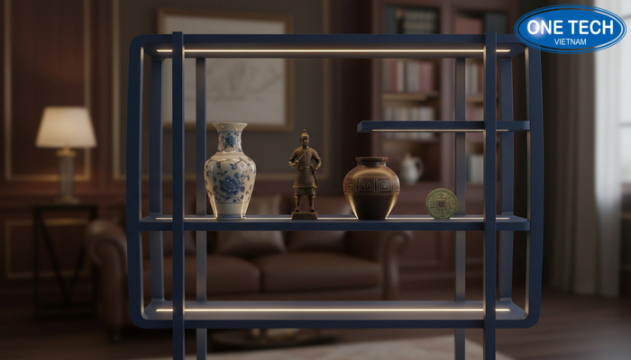 Kệ trưng bày đồ cổ có đèn LED Kệ trưng bày đồ cổ tích hợp đèn LED chiếu sáng làm nổi bật hiện vật