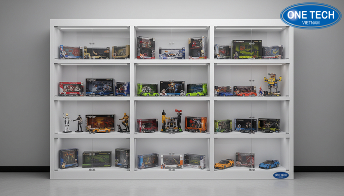 Mẫu kệ trưng bày mô hình và đồ chơi sưu tập cho trẻ em Kệ trưng bày mô hình đồ chơi sưu tập với ngăn chia rõ và mặt trong suốt
