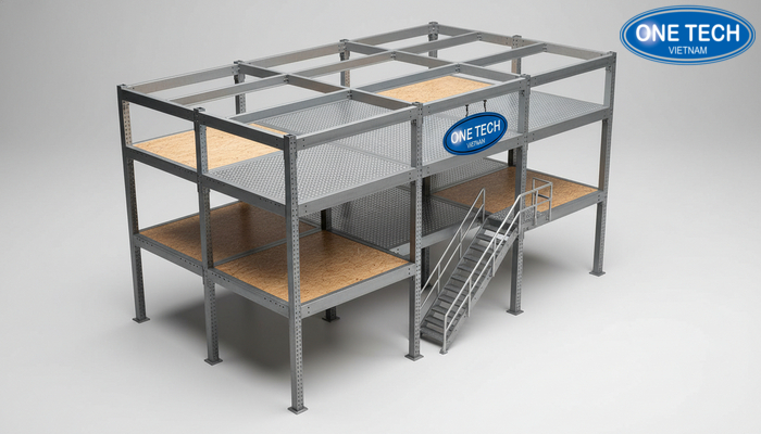 Mô hình kết cấu kệ sàn mezzanine gồm khung thép và mặt sàn