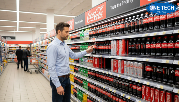 Tương tác khách hàng với kệ quảng cáo Pepsi, Coca Khách hàng dừng lại chọn sản phẩm tại khu vực kệ quảng cáo nước ngọt trong siêu thị