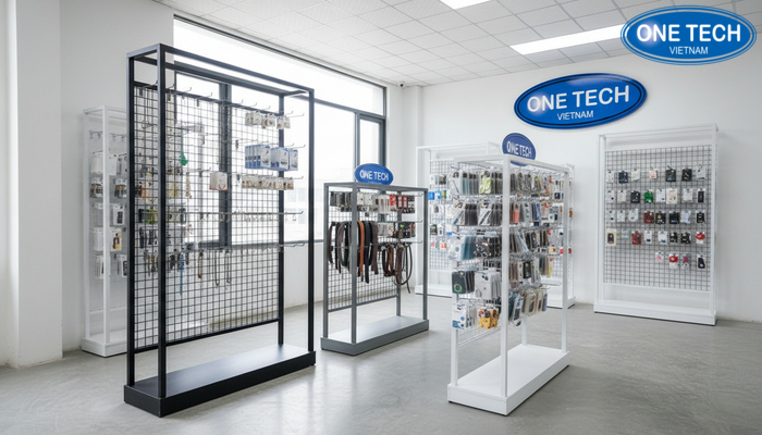 Hình ảnh kho hàng OneTech tại Đồng Tháp hỗ trợ khách xem trực tiếp các mẫu kệ móc treo phụ kiện