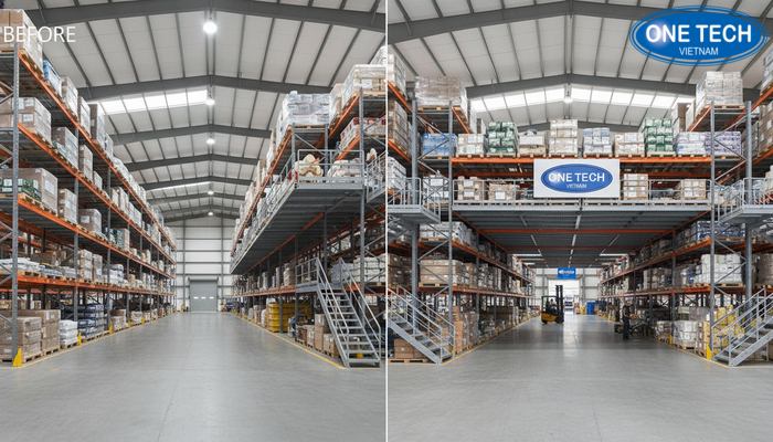 Không gian kho trước và sau khi lắp đặt kệ sàn mezzanine