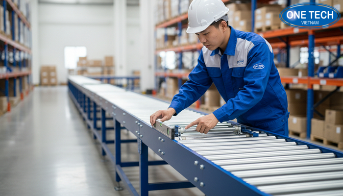 Kỹ thuật viên kiểm tra độ nghiêng line và phanh con lăn