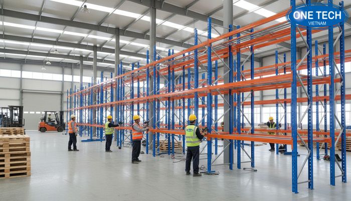 Quá trình lắp đặt kệ drive in trong kho hàng công nghiệp