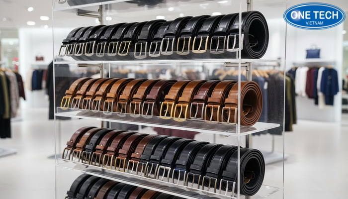 Kệ trưng bày thắt lưng mica nhiều tầng Kệ mica nhiều tầng giúp phân loại thắt lưng theo kích cỡ và màu sắc