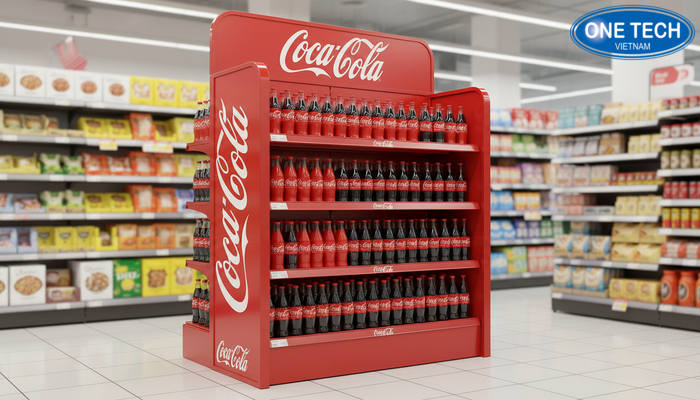 Mẫu kệ quảng cáo Coca đỏ trắng Mẫu kệ quảng cáo Coca màu đỏ trắng nổi bật, bố trí nhiều tầng trưng bày lon và chai