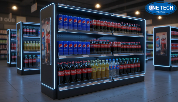 Kệ quảng cáo Pepsi, Coca tích hợp đèn LED Mẫu kệ quảng cáo tích hợp đèn LED tạo điểm nhấn vào ban đêm hoặc khu vực ánh sáng yếu