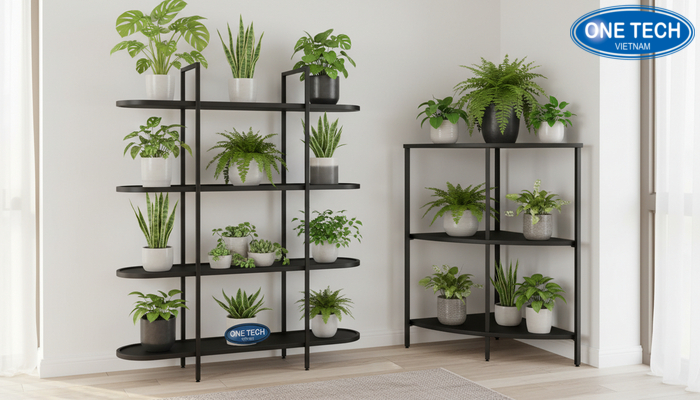 Kệ trưng bày cây cảnh đa tầng và kệ góc Mẫu kệ trưng bày cây cảnh đa tầng và kệ góc tối ưu không gian
