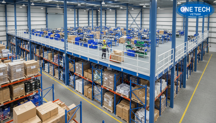 Hệ mezzanine kết hợp kệ công nghiệp ở tầng dưới để tối ưu đa chức năng