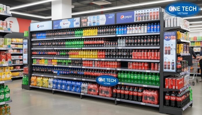 Tối ưu không gian với kệ quảng cáo Pepsi, Coca Minh họa tối ưu hóa không gian trưng bày nước ngọt bằng kệ quảng cáo phân tầng theo SKU