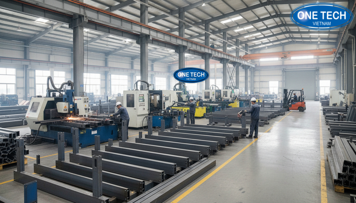 Hình ảnh khu vực sản xuất kệ sắt công nghiệp và kệ tay đỡ