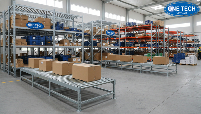 Minh họa kệ con lăn đơn tầng và nhiều tầng trong kho