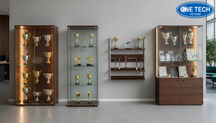 So sánh các loại kệ trưng bày cúp phổ biến: gỗ, kính, treo tường, kết hợp