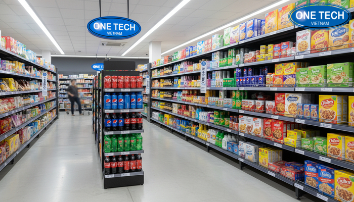 Kệ quảng cáo tương thích hệ kệ siêu thị Phối cảnh kệ quảng cáo đặt cạnh hệ kệ siêu thị đa tầng, đảm bảo lối đi và tầm nhìn