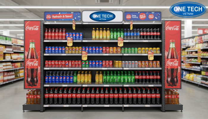 Kết hợp kệ quảng cáo với POSM Minh họa phối hợp kệ quảng cáo với poster, banner và wobbler đồng bộ tại điểm bán