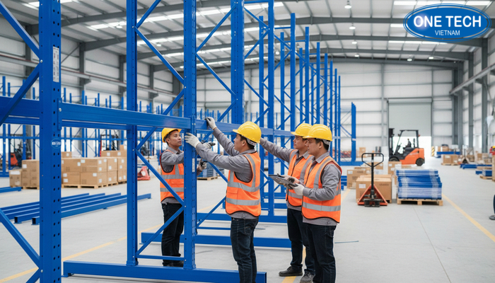 Quá trình thi công lắp đặt kệ tay đỡ tại kho khách hàng