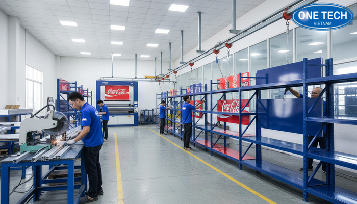 Quy trình gia công kệ quảng cáo tại OneTech Hình minh họa các công đoạn gia công kệ quảng cáo tại xưởng như cắt, sơn, in, lắp ráp