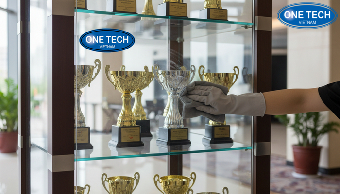 Minh họa quy trình vệ sinh tủ kính trưng bày cúp đúng cách