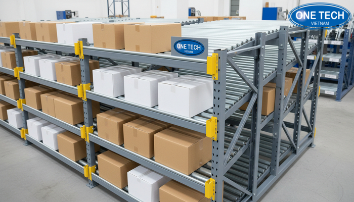 Mẫu kệ con lăn OneTech lắp đặt thực tế, line con lăn và chặn đầu line