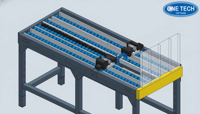 Sơ đồ cấu tạo kệ con lăn gồm khung, rãnh con lăn, phanh và chặn đầu line