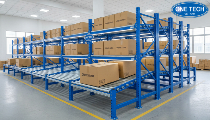 Mô phỏng nguyên lý FIFO của kệ con lăn từ đầu nhập đến đầu xuất