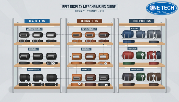 Cách sắp xếp kệ trưng bày thắt lưng dễ bán Sơ đồ gợi ý sắp xếp thắt lưng theo màu sắc, kích thước và kiểu khóa