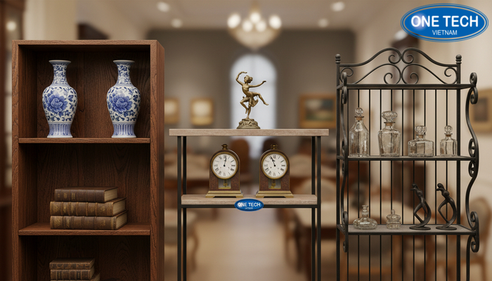 Các chất liệu kệ trưng bày đồ cổ phổ biến So sánh kệ gỗ tự nhiên, kệ veneer giả cổ và kệ sắt mỹ thuật