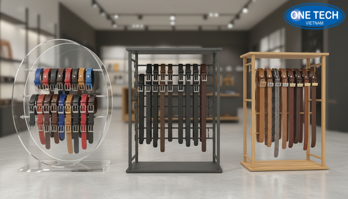 So sánh chất liệu kệ trưng bày thắt lưng mica sắt gỗ So sánh kệ mica, kệ sắt sơn tĩnh điện và kệ gỗ khi trưng bày thắt lưng