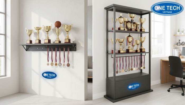 So sánh kệ treo tường và kệ đứng khi trưng bày cúp và huy chương