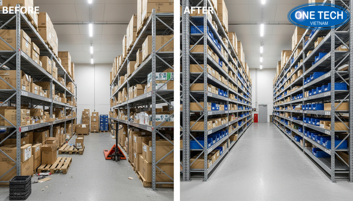 So sánh không gian kho trước và sau khi lắp kệ con lăn
